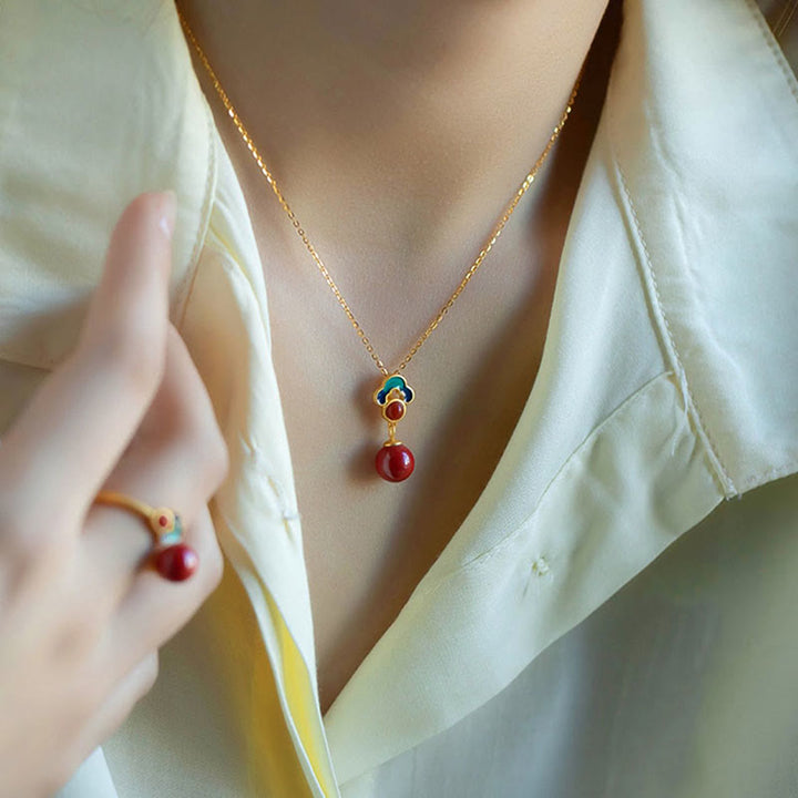 Buddha Stones 925 Sterling Silver Plated Gold Cinnabar Red Agate Blessing Necklace Pendant Earrings Ring Set - image 2