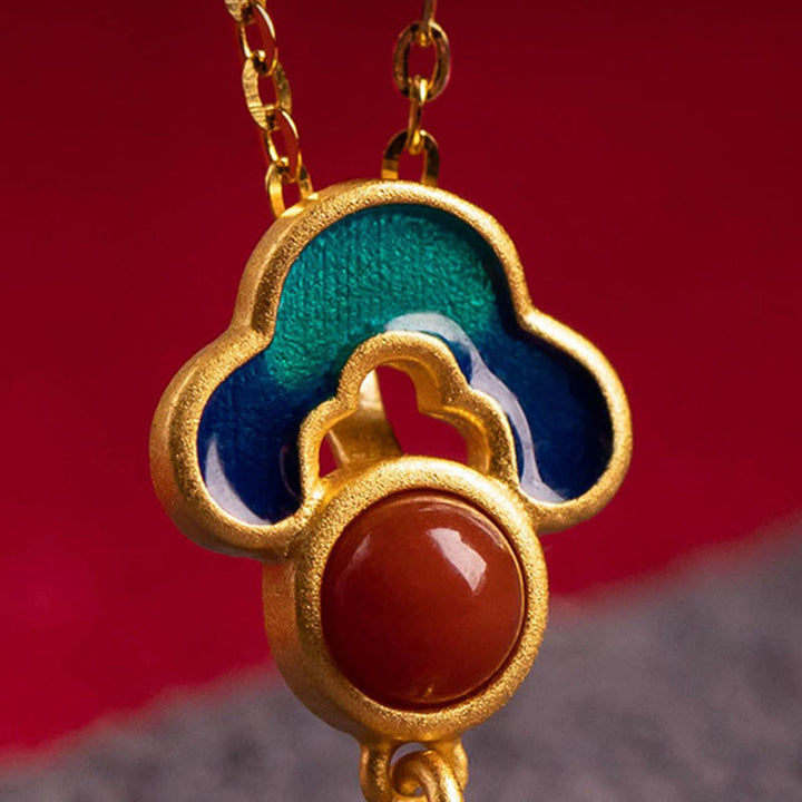 Buddha Stones 925 Sterling Silver Plated Gold Cinnabar Red Agate Blessing Necklace Pendant Earrings Ring Set - image 7