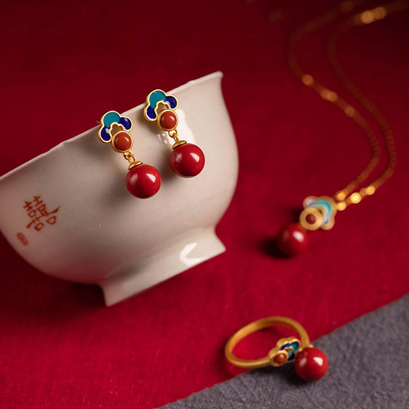 Buddha Stones 925 Sterling Silver Plated Gold Cinnabar Red Agate Blessing Necklace Pendant Earrings Ring Set - image 1