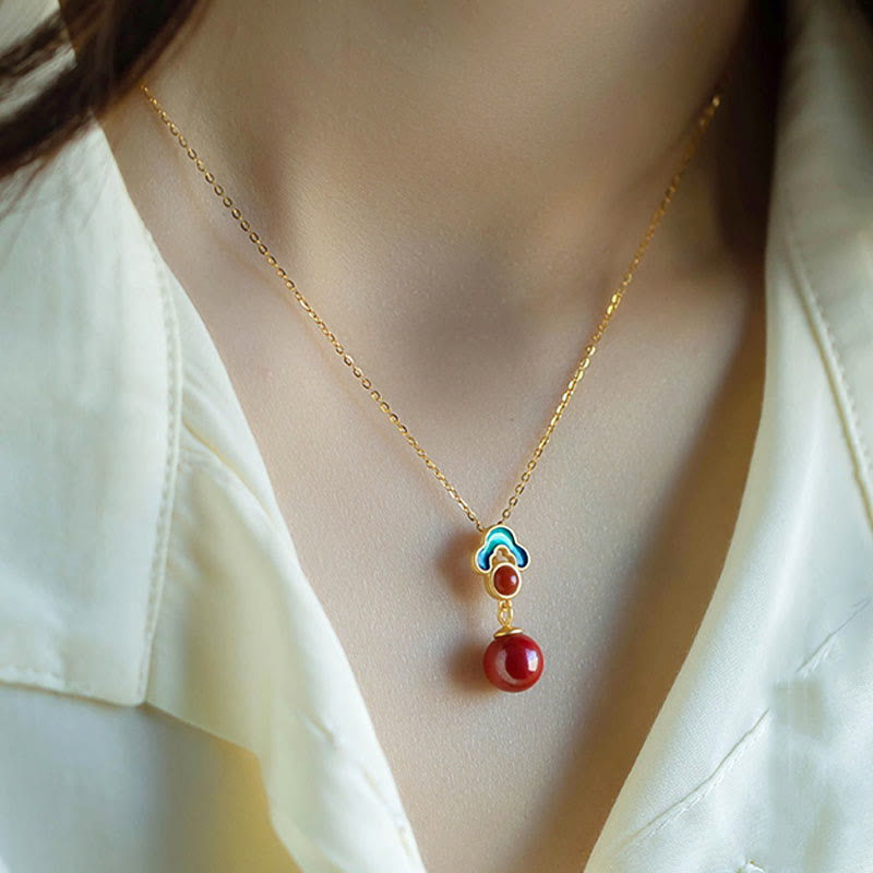 Buddha Stones 925 Sterling Silver Plated Gold Cinnabar Red Agate Blessing Necklace Pendant Earrings Ring Set - image 10