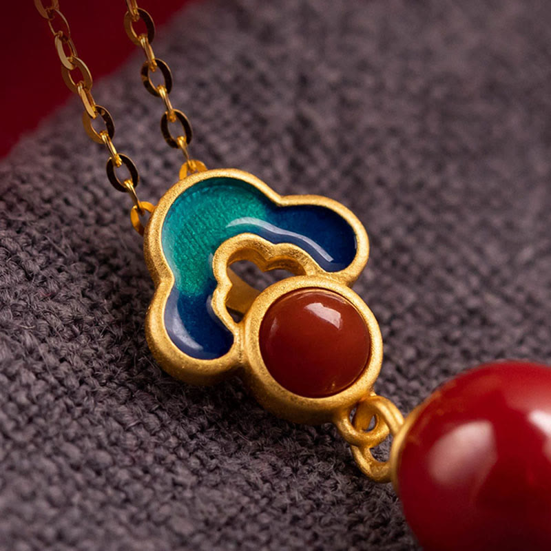 Buddha Stones 925 Sterling Silver Plated Gold Cinnabar Red Agate Blessing Necklace Pendant Earrings Ring Set - image 8
