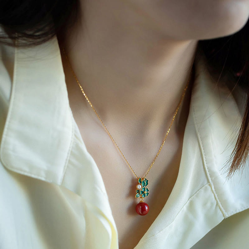 Buddha Stones 925 Sterling Silver Plated Gold Cinnabar Pearl Flower Blessing Necklace Pendant Earrings Ring Set - image 8