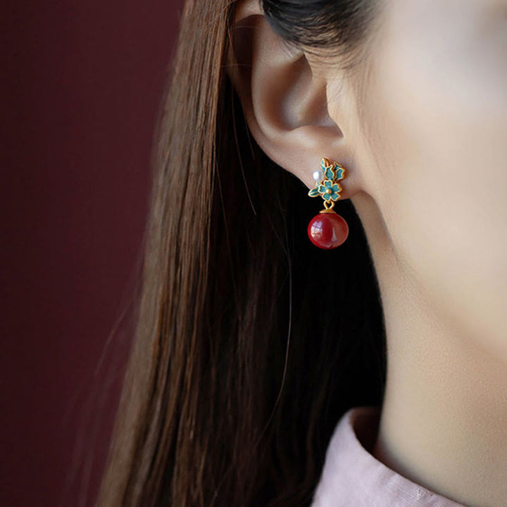 Buddha Stones 925 Sterling Silver Plated Gold Cinnabar Pearl Flower Blessing Necklace Pendant Earrings Ring Set - image 13