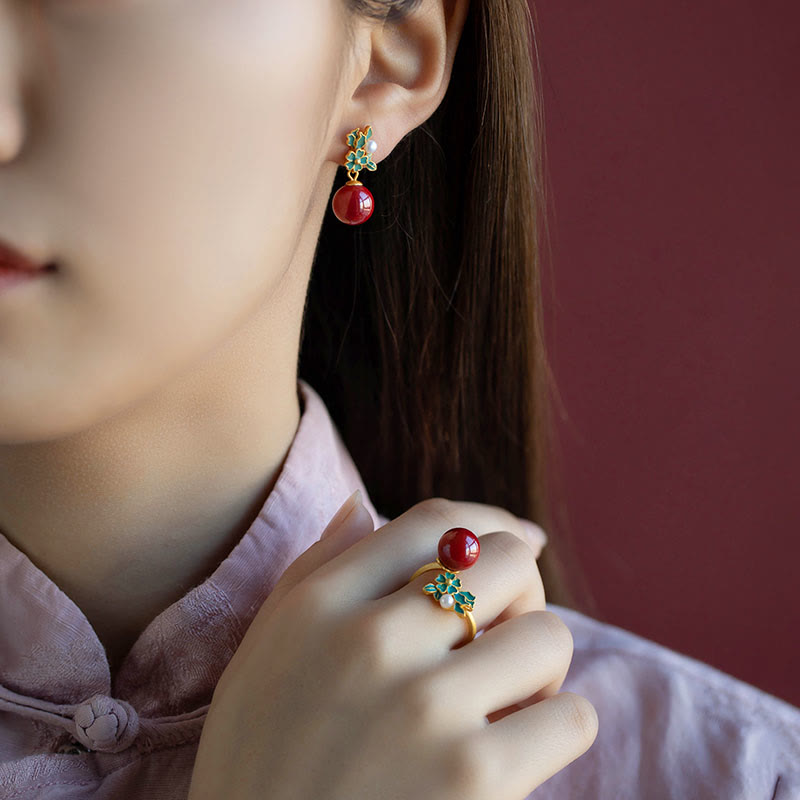 Buddha Stones 925 Sterling Silver Plated Gold Cinnabar Pearl Flower Blessing Necklace Pendant Earrings Ring Set - image 14