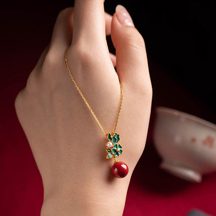 Buddha Stones 925 Sterling Silver Plated Gold Cinnabar Pearl Flower Blessing Necklace Pendant Earrings Ring Set - image 5