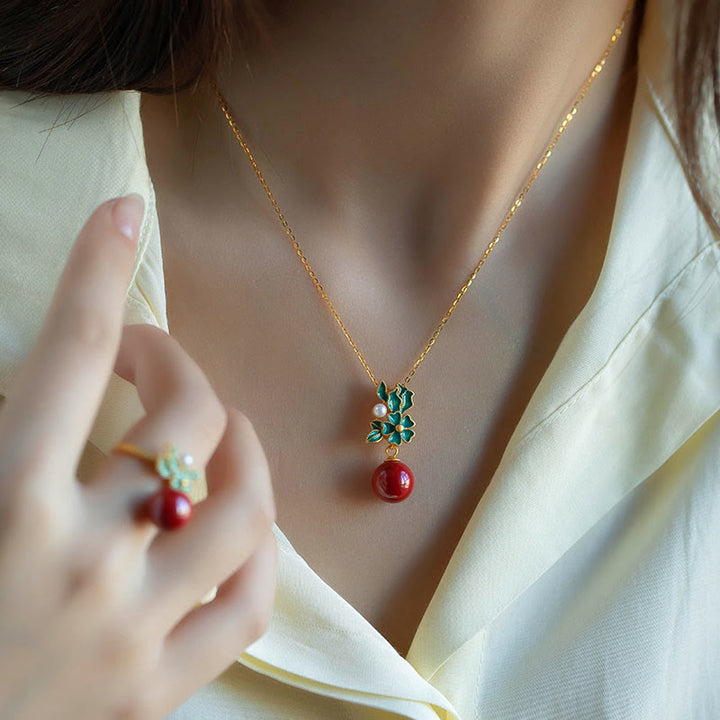 Buddha Stones 925 Sterling Silver Plated Gold Cinnabar Pearl Flower Blessing Necklace Pendant Earrings Ring Set - image 2