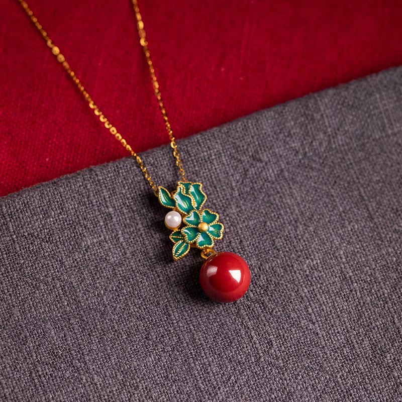 Buddha Stones 925 Sterling Silver Plated Gold Cinnabar Pearl Flower Blessing Necklace Pendant Earrings Ring Set - Necklace - image 3