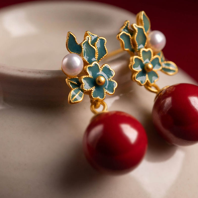 Buddha Stones 925 Sterling Silver Plated Gold Cinnabar Pearl Flower Blessing Necklace Pendant Earrings Ring Set - image 12