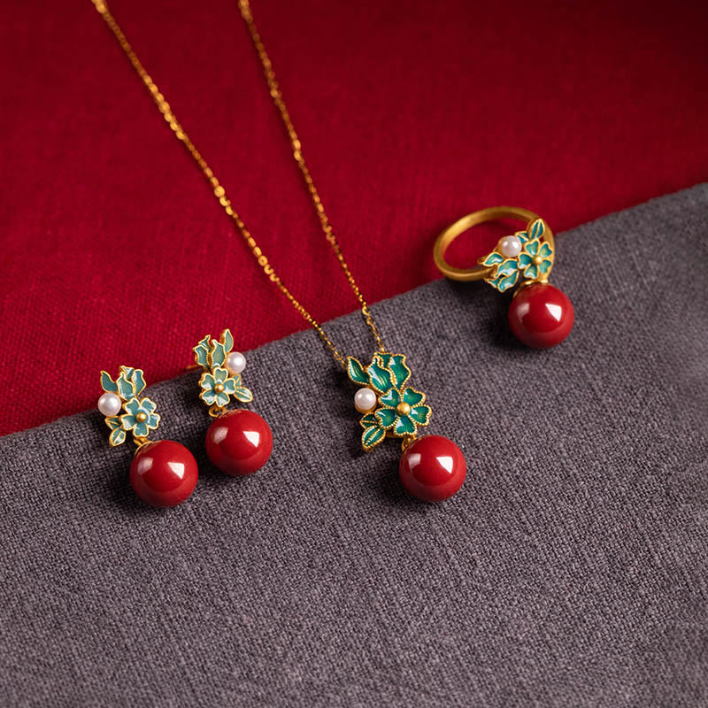 Buddha Stones 925 Sterling Silver Plated Gold Cinnabar Pearl Flower Blessing Necklace Pendant Earrings Ring Set - 3Pcs(Necklace&Ring&Earrings) - image 0