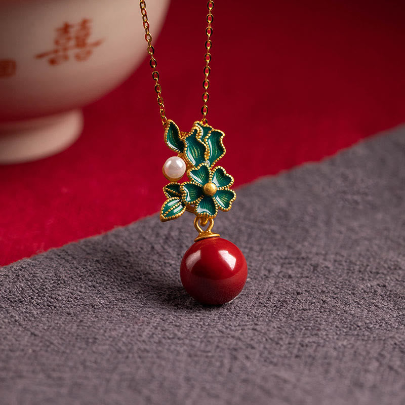 Buddha Stones 925 Sterling Silver Plated Gold Cinnabar Pearl Flower Blessing Necklace Pendant Earrings Ring Set - image 4