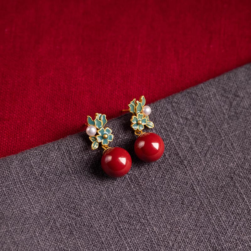 Buddha Stones 925 Sterling Silver Plated Gold Cinnabar Pearl Flower Blessing Necklace Pendant Earrings Ring Set - Earrings - image 11