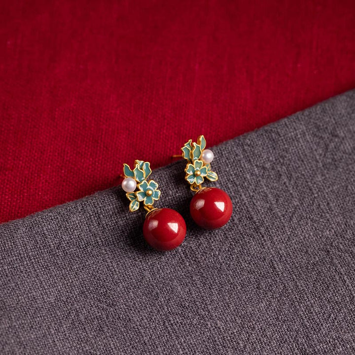 Buddha Stones 925 Sterling Silver Plated Gold Cinnabar Pearl Flower Blessing Necklace Pendant Earrings Ring Set - Earrings - image 11