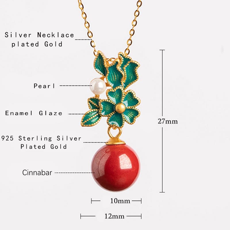 Buddha Stones 925 Sterling Silver Plated Gold Cinnabar Pearl Flower Blessing Necklace Pendant Earrings Ring Set - image 9