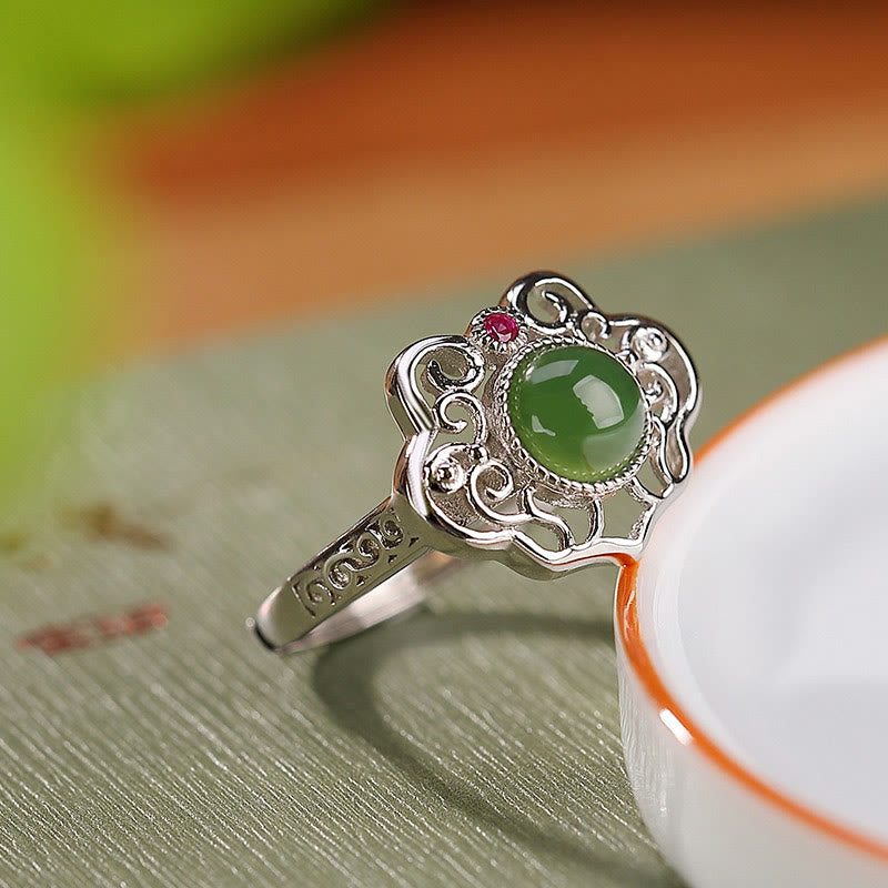 Buddha Stones 925 Sterling Silver Natural Hetian Cyan Jade Hollow Design Luck Ring Earrings Set - Ring(Inner Perimeter 54-60mm Adjustable) - image 1