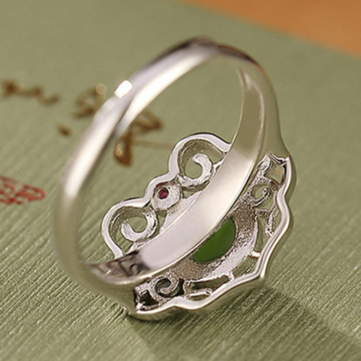 Buddha Stones 925 Sterling Silver Natural Hetian Cyan Jade Hollow Design Luck Ring Earrings Set - image 4