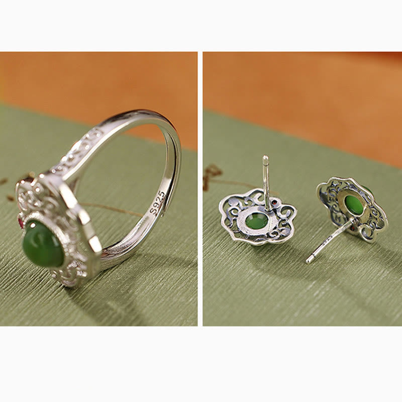 Buddha Stones 925 Sterling Silver Natural Hetian Cyan Jade Hollow Design Luck Ring Earrings Set - image 12