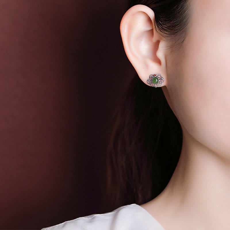 Buddha Stones 925 Sterling Silver Natural Hetian Cyan Jade Hollow Design Luck Ring Earrings Set - image 11