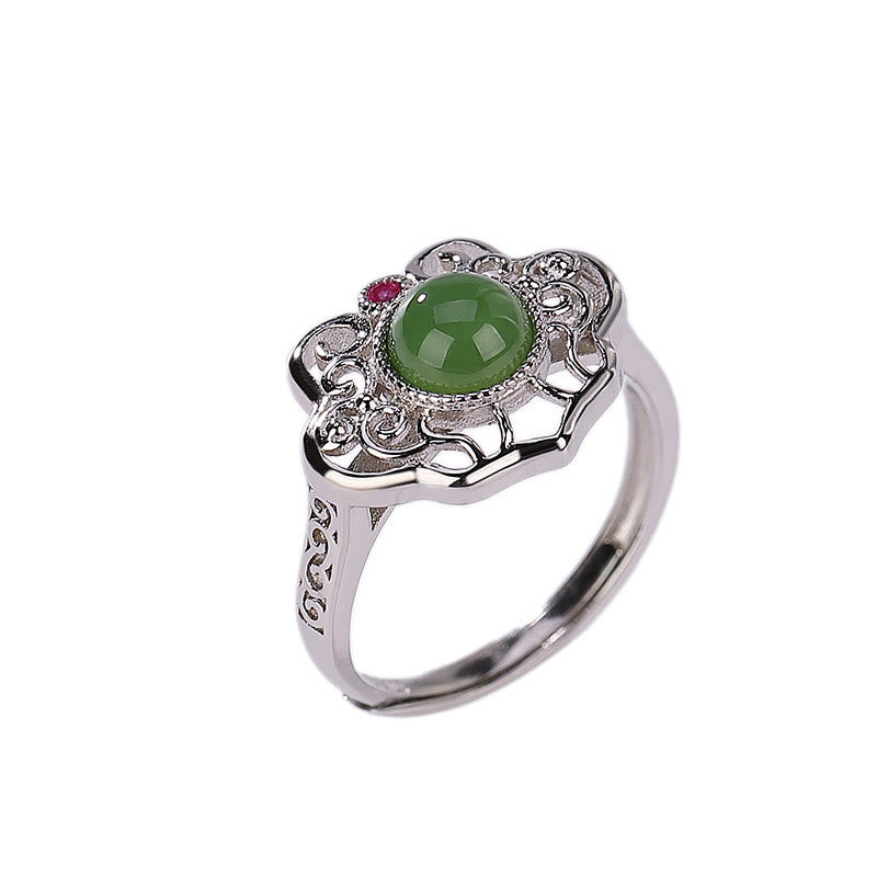 Buddha Stones 925 Sterling Silver Natural Hetian Cyan Jade Hollow Design Luck Ring Earrings Set - image 6