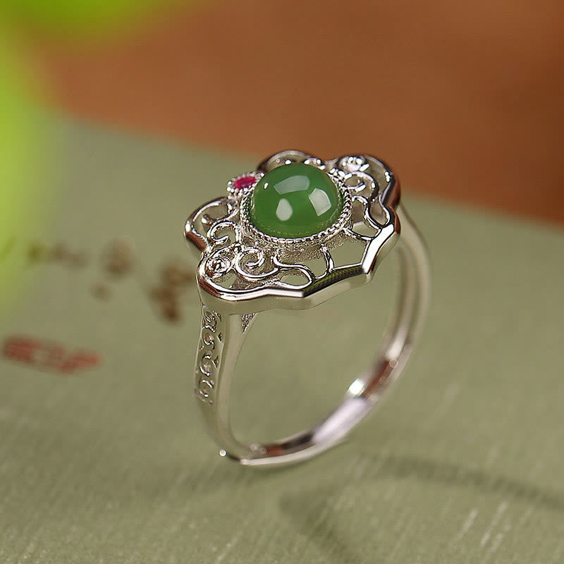 Buddha Stones 925 Sterling Silver Natural Hetian Cyan Jade Hollow Design Luck Ring Earrings Set - image 2