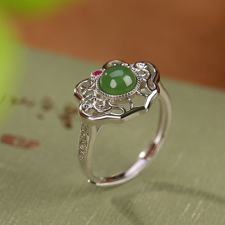 Buddha Stones 925 Sterling Silver Natural Hetian Cyan Jade Hollow Design Luck Ring Earrings Set - image 2