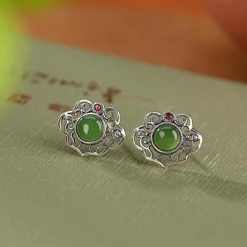 Buddha Stones 925 Sterling Silver Natural Hetian Cyan Jade Hollow Design Luck Ring Earrings Set - image 9