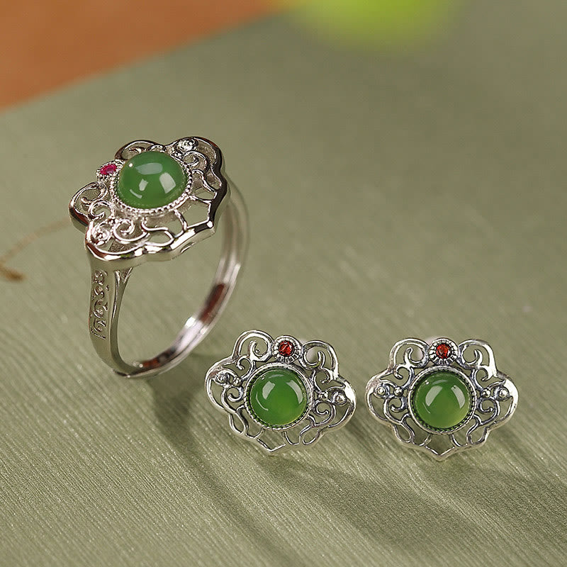 Buddha Stones 925 Sterling Silver Natural Hetian Cyan Jade Hollow Design Luck Ring Earrings Set - 2Pcs(Ring&Earrings) - image 0