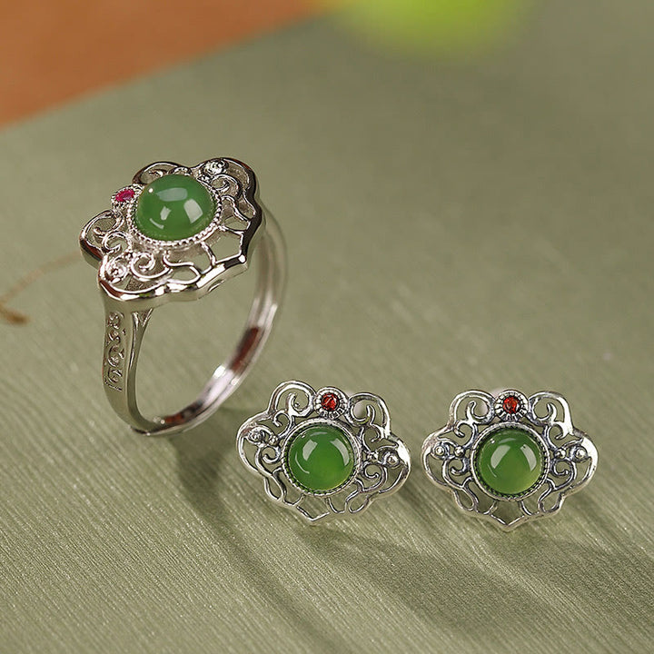 Buddha Stones 925 Sterling Silver Natural Hetian Cyan Jade Hollow Design Luck Ring Earrings Set - 2Pcs(Ring&Earrings) - image 0