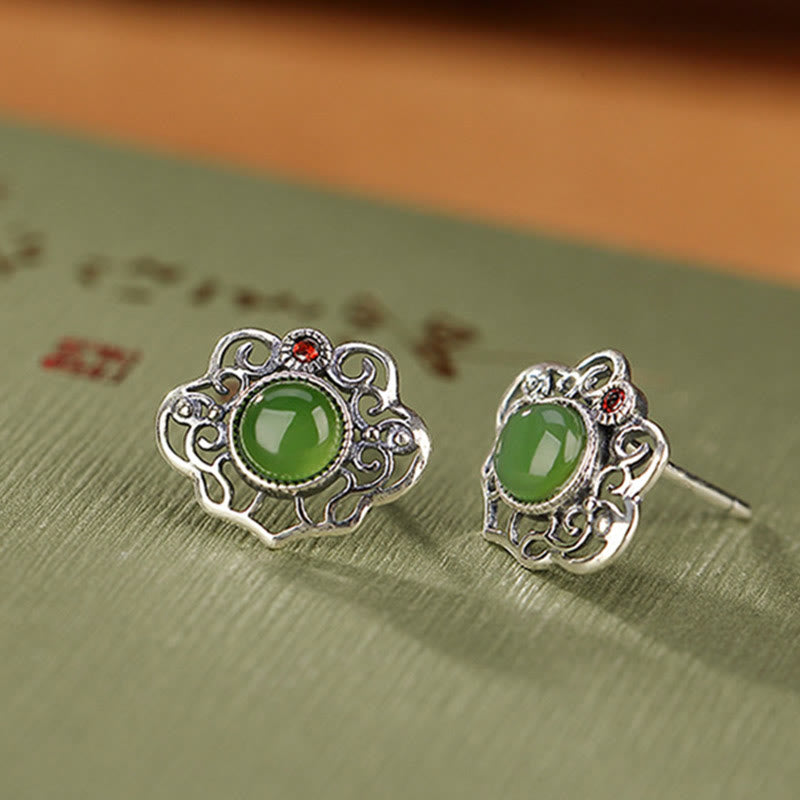 Buddha Stones 925 Sterling Silver Natural Hetian Cyan Jade Hollow Design Luck Ring Earrings Set - image 10