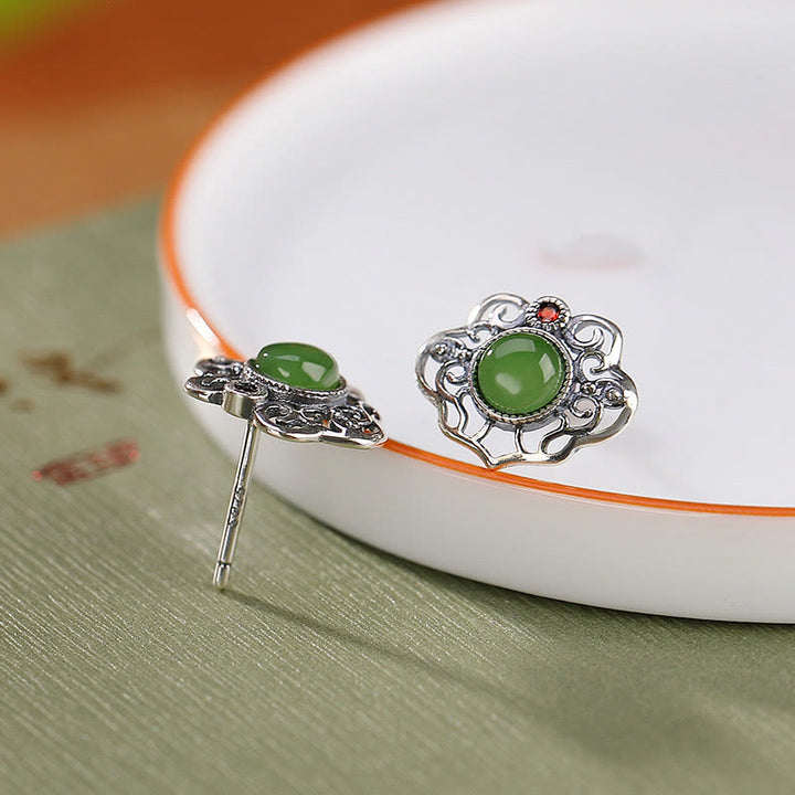 Buddha Stones 925 Sterling Silver Natural Hetian Cyan Jade Hollow Design Luck Ring Earrings Set - Earrings - image 8