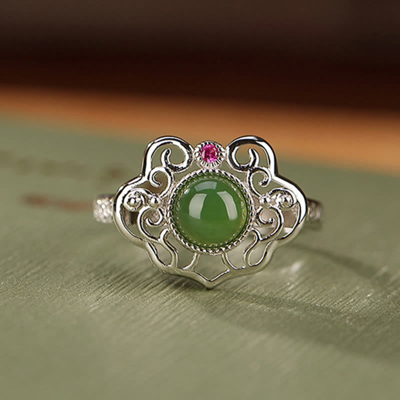 Buddha Stones 925 Sterling Silver Natural Hetian Cyan Jade Hollow Design Luck Ring Earrings Set - image 3