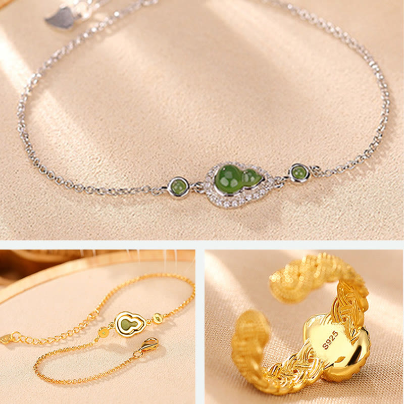 Buddha Stones 925 Sterling Silver Plated Gold Natural Hetian Cyan Jade Gourd Luck Bracelet Ring Set - image 11