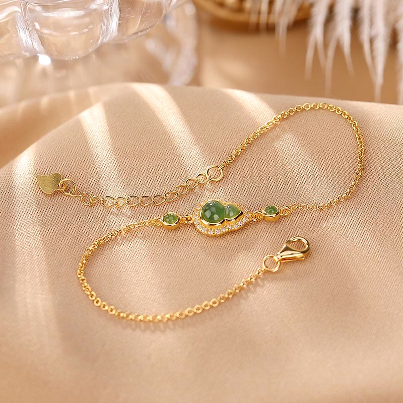 Buddha Stones 925 Sterling Silver Plated Gold Natural Hetian Cyan Jade Gourd Luck Bracelet Ring Set - 925 Sterling Silver Plated Gold - Bracelet(Wrist Circumference 14-16cm) - image 5