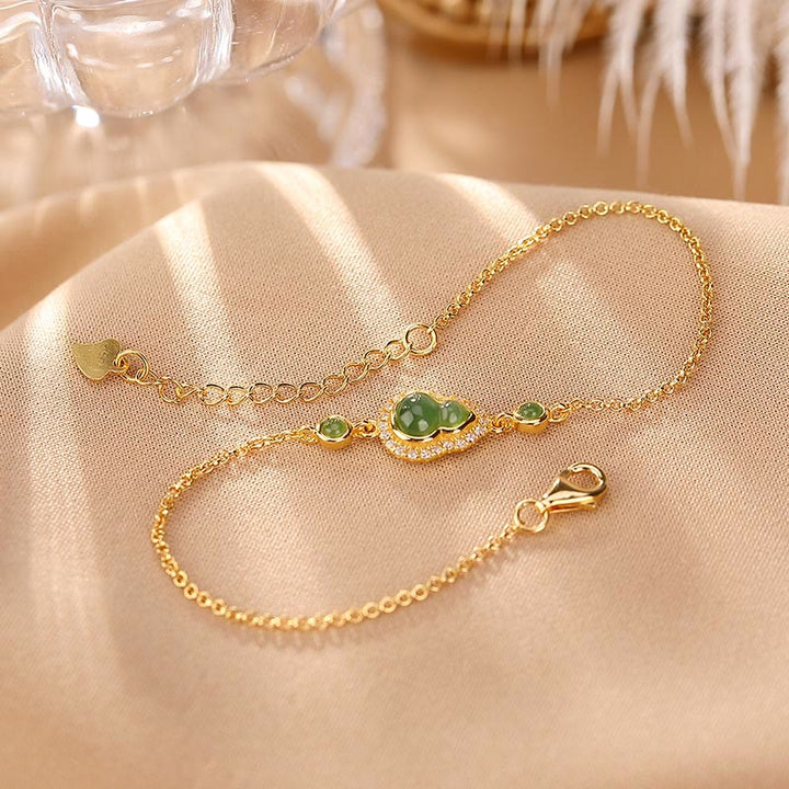 Buddha Stones 925 Sterling Silver Plated Gold Natural Hetian Cyan Jade Gourd Luck Bracelet Ring Set - 925 Sterling Silver Plated Gold - Bracelet(Wrist Circumference 14-16cm) - image 5
