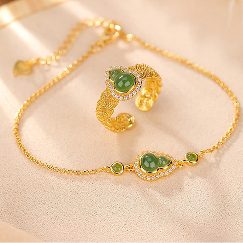 Buddha Stones 925 Sterling Silver Plated Gold Natural Hetian Cyan Jade Gourd Luck Bracelet Ring Set - 925 Sterling Silver Plated Gold - 2Pcs(Ring&Bracelet) - image 0