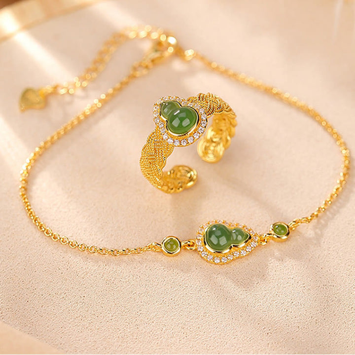 Buddha Stones 925 Sterling Silver Plated Gold Natural Hetian Cyan Jade Gourd Luck Bracelet Ring Set - 925 Sterling Silver Plated Gold - 2Pcs(Ring&Bracelet) - image 0