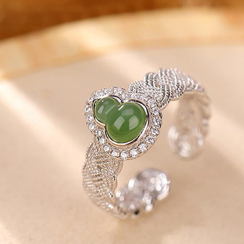 Buddha Stones 925 Sterling Silver Plated Gold Natural Hetian Cyan Jade Gourd Luck Bracelet Ring Set - image 9