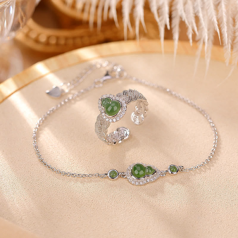 Buddha Stones 925 Sterling Silver Plated Gold Natural Hetian Cyan Jade Gourd Luck Bracelet Ring Set - 925 Sterling Silver - 2Pcs(Ring&Bracelet) - image 7