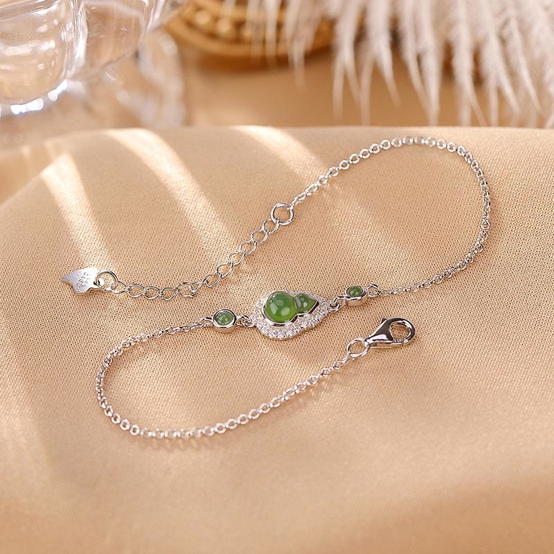 Buddha Stones 925 Sterling Silver Plated Gold Natural Hetian Cyan Jade Gourd Luck Bracelet Ring Set - 925 Sterling Silver - Bracelet(Wrist Circumference 14-16cm) - image 10