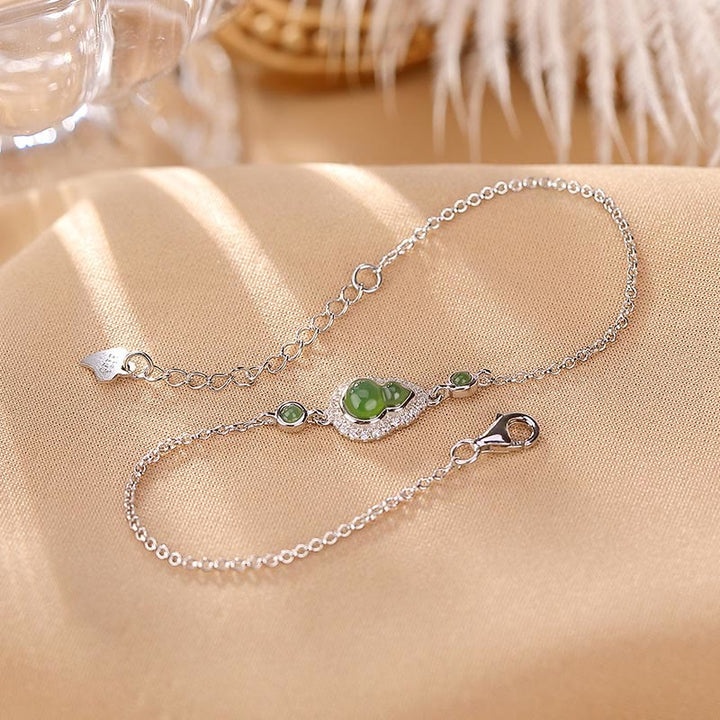 Buddha Stones 925 Sterling Silver Plated Gold Natural Hetian Cyan Jade Gourd Luck Bracelet Ring Set - 925 Sterling Silver - Bracelet(Wrist Circumference 14-16cm) - image 10
