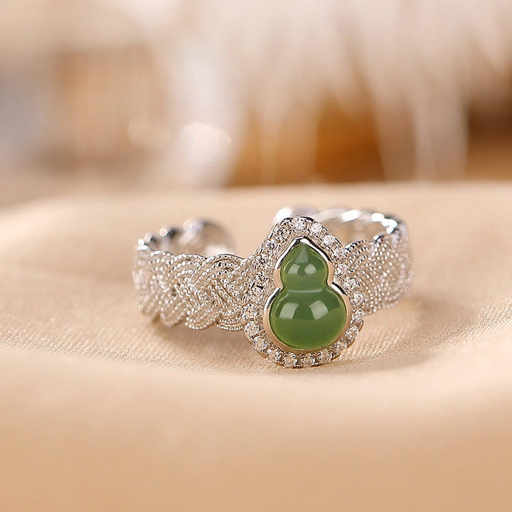 Buddha Stones 925 Sterling Silver Plated Gold Natural Hetian Cyan Jade Gourd Luck Bracelet Ring Set - 925 Sterling Silver - Ring(Inner Perimeter 54-60mm Adjustable) - image 8