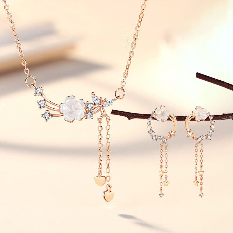 Buddha Stones 925 Sterling Silver Flower Butterfly Love Necklace Pendant Earrings Set - 2Pcs Rose Gold(Necklace&Earrings) - image 1