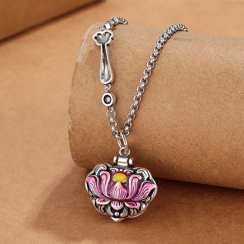 Buddha Stones Tibet Copper Lotus Luck New Begining Necklace Pendant - Pink Lotus Necklace(Necklace Length: 60cm) - image 0