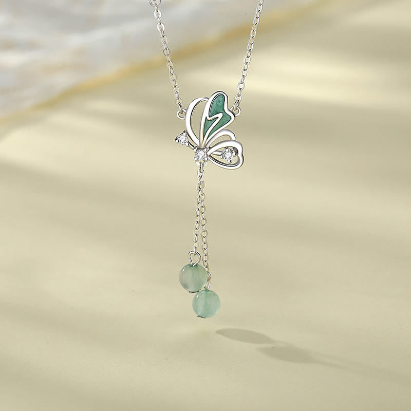 Buddha Stones 925 Sterling Silver Natural Green Aventurine Butterfly Luck Necklace Pendant Earrings Set - Necklace - image 1