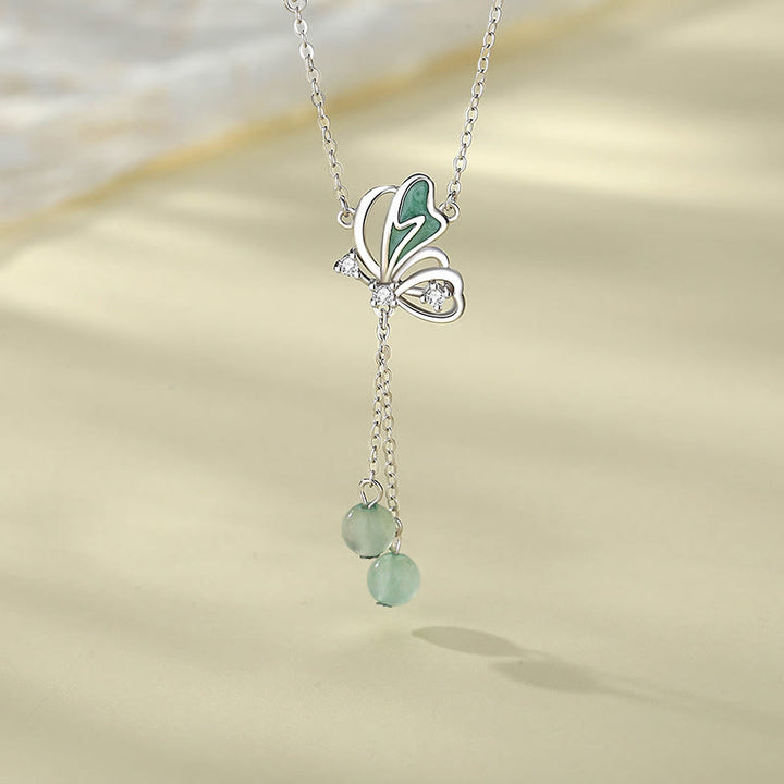 Buddha Stones 925 Sterling Silver Natural Green Aventurine Butterfly Luck Necklace Pendant Earrings Set - Necklace - image 1