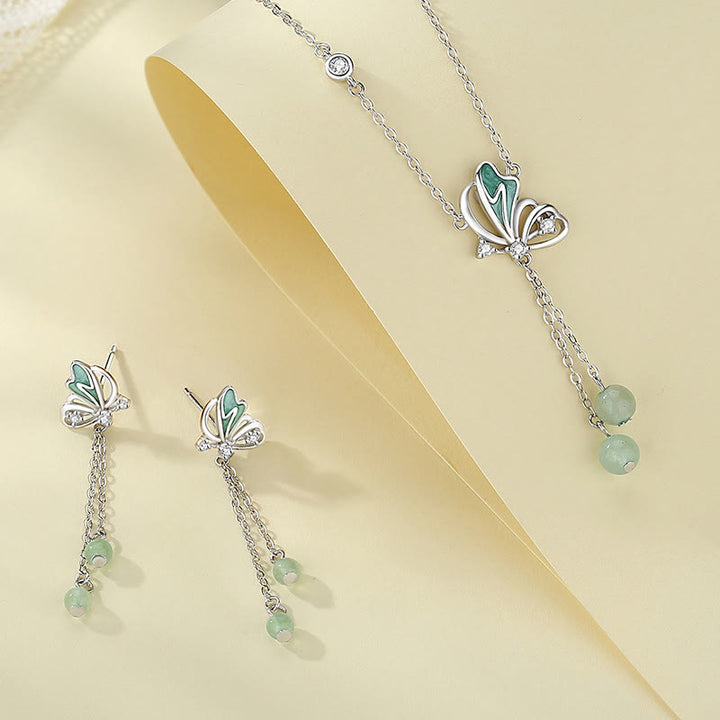 Buddha Stones 925 Sterling Silver Natural Green Aventurine Butterfly Luck Necklace Pendant Earrings Set - 2Pcs(Necklace&Earrings) - image 0