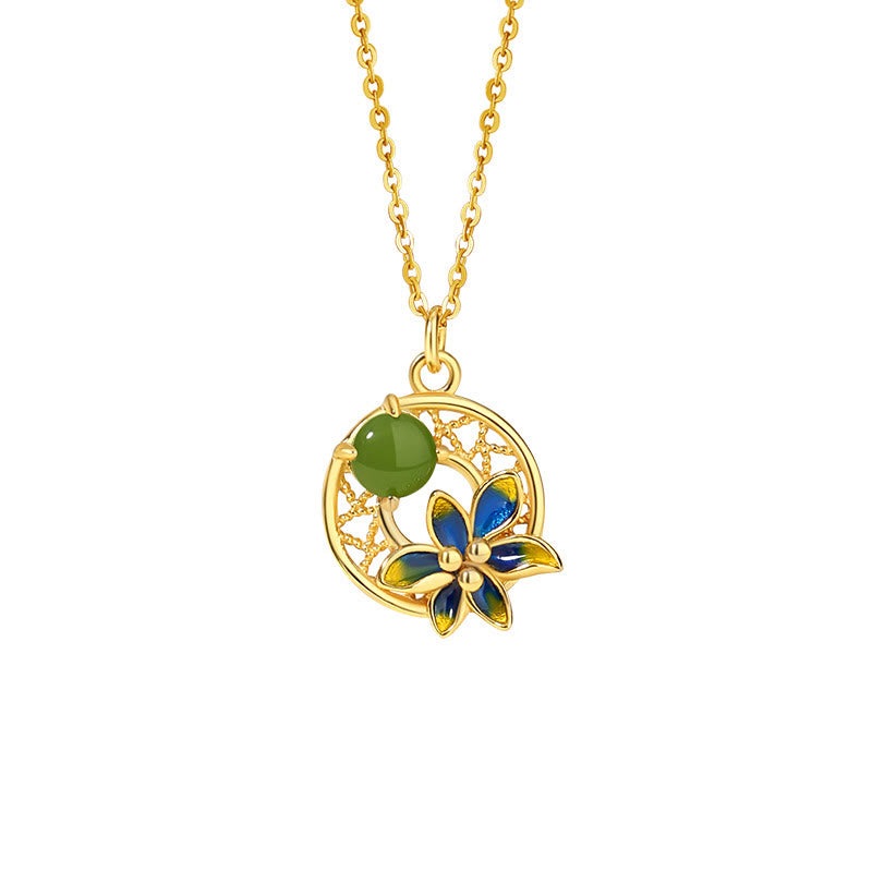 Buddha Stones 925 Sterling Silver Natural Hetian Cyan Jade Flower Luck Necklace Pendant Ring Earrings Set - image 7