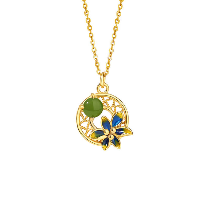Buddha Stones 925 Sterling Silver Natural Hetian Cyan Jade Flower Luck Necklace Pendant Ring Earrings Set - image 7
