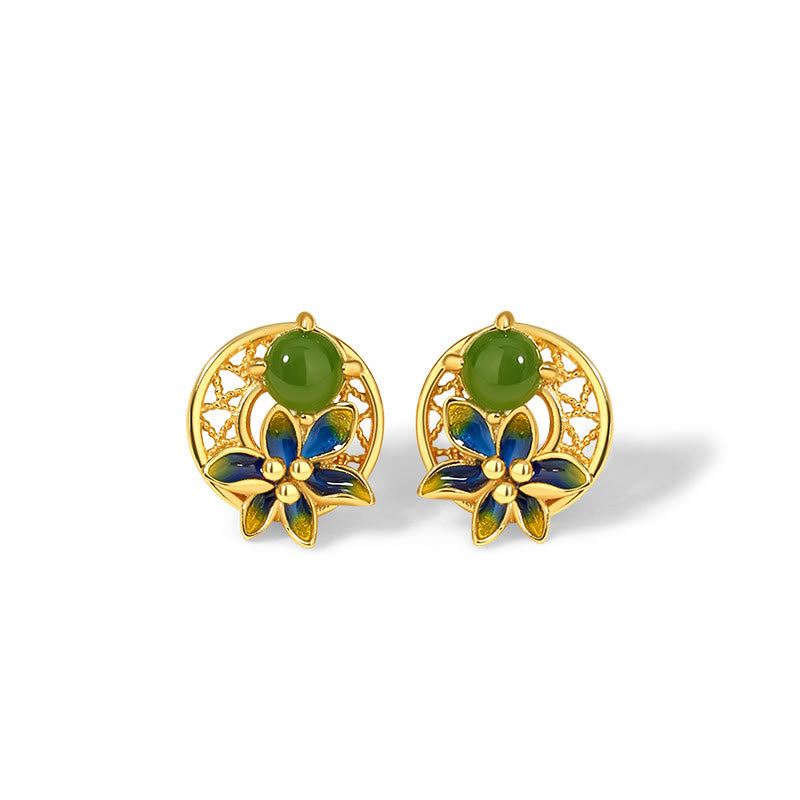 Buddha Stones 925 Sterling Silver Natural Hetian Cyan Jade Flower Luck Necklace Pendant Ring Earrings Set - Earrings(925 Sterling Silver Posts) - image 10