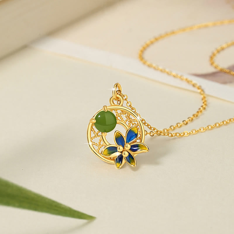 Buddha Stones 925 Sterling Silver Natural Hetian Cyan Jade Flower Luck Necklace Pendant Ring Earrings Set - Necklace (Necklace Length: 40cm) - image 2