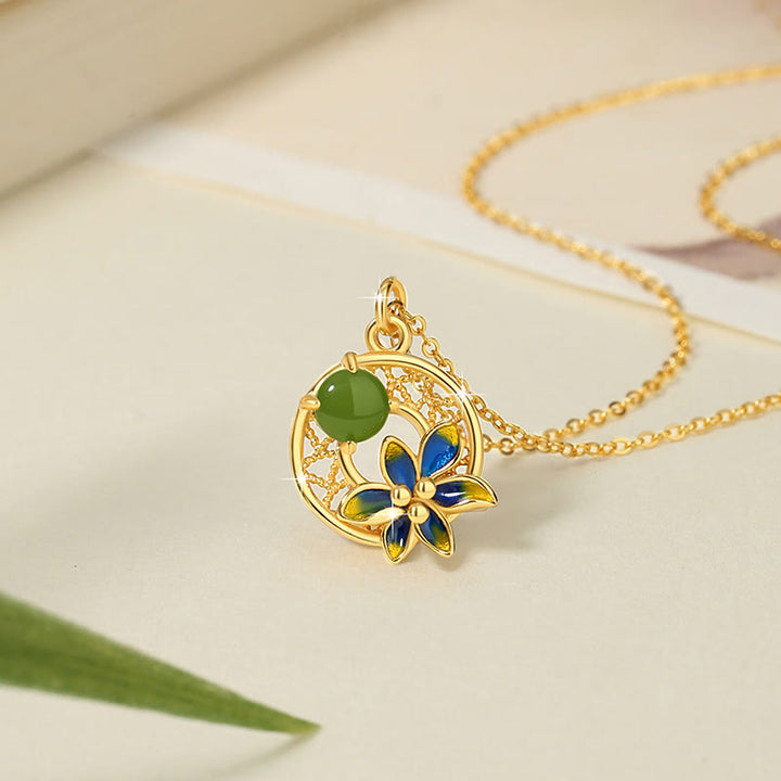 Buddha Stones 925 Sterling Silver Natural Hetian Cyan Jade Flower Luck Necklace Pendant Ring Earrings Set - Necklace (Necklace Length: 40cm) - image 2